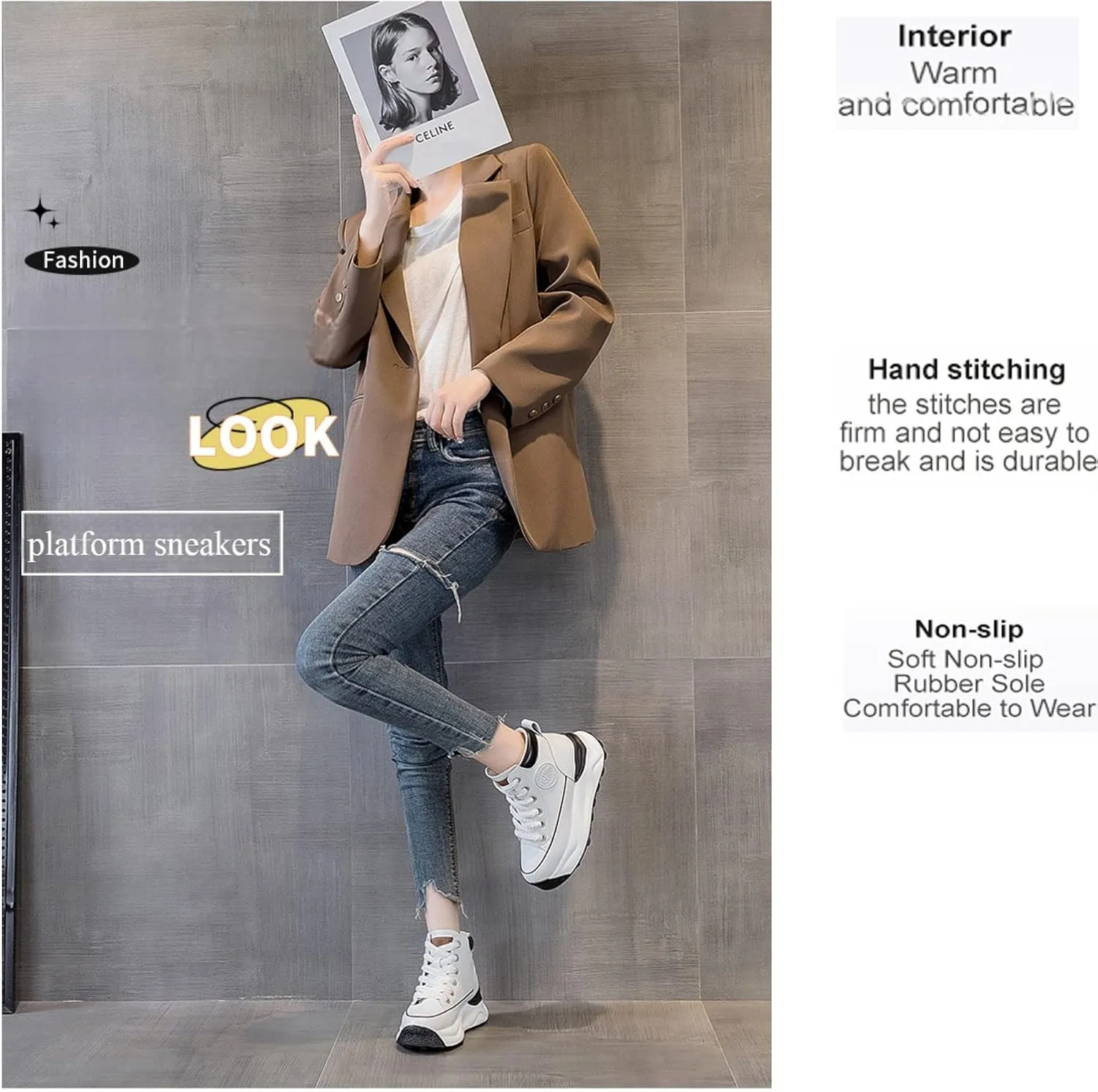 Women's Platform Height Increasing Sneakers,Stylish Comfortable Hidden Height Increase Leather Upper Casual Platform Shoes.