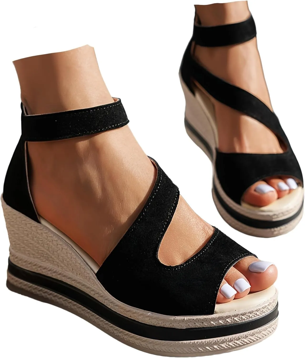 Women's Platform Sandals Wedge Ankle Strap Open Toe Sandals, Espadrille Dressy Wedge Sandals, Women's Platform Sandals Casual Summer, Comfortable High Heeled Wedges, 9