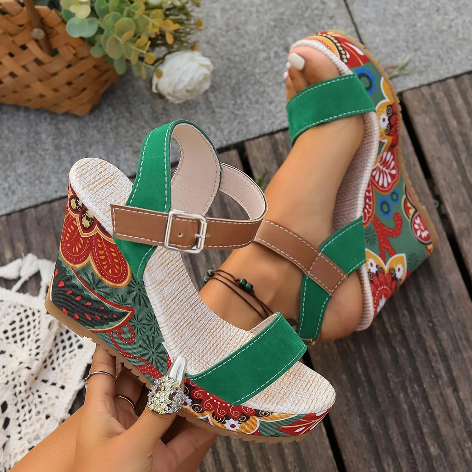 Women's Platform Sandals Wedge Ankle Strap Open Toe Sandals, Espadrille Dressy Wedge Sandals, Women's Platform Sandals Casual Summer, Comfortable High Heeled Wedges, 9