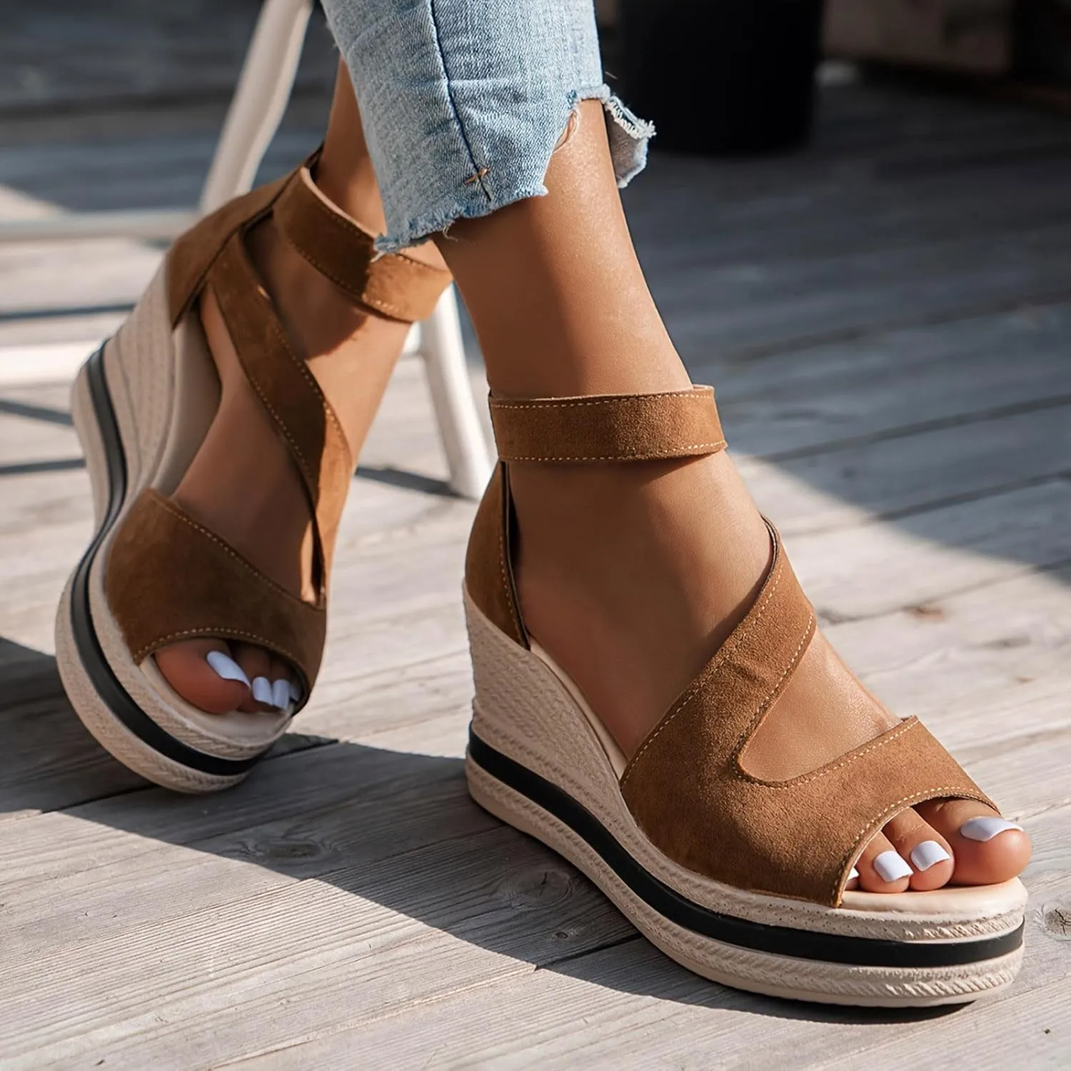 Women's Platform Sandals Wedge Ankle Strap Open Toe Sandals, Espadrille Dressy Wedge Sandals, Women's Platform Sandals Casual Summer, Comfortable High Heeled Wedges, 9