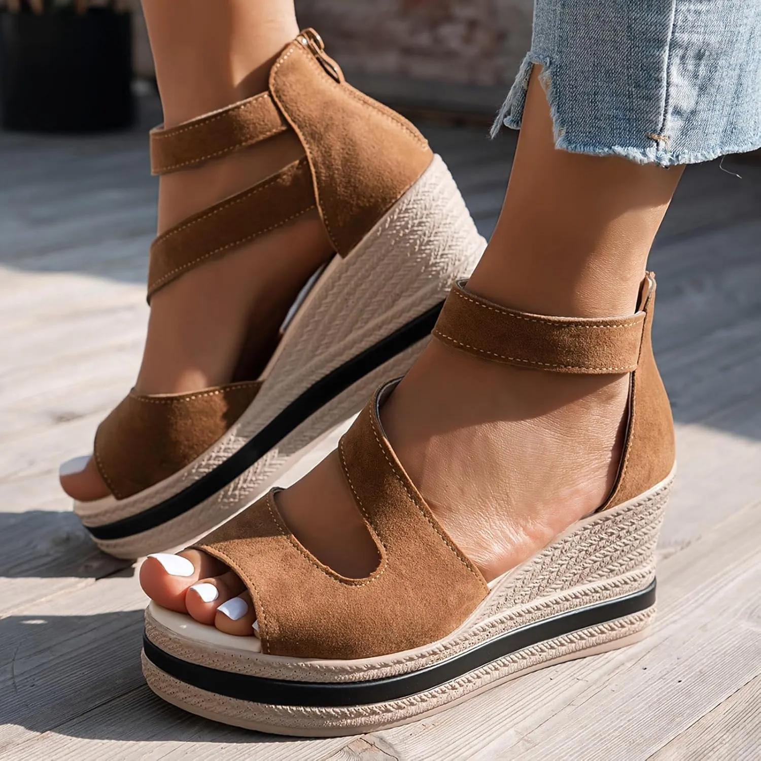 Women's Platform Sandals Wedge Ankle Strap Open Toe Sandals, Espadrille Dressy Wedge Sandals, Women's Platform Sandals Casual Summer, Comfortable High Heeled Wedges, 9