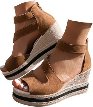 Women's Platform Sandals Wedge Ankle Strap Open Toe Sandals, Espadrille Dressy Wedge Sandals, Women's Platform Sandals Casual Summer, Comfortable High Heeled Wedges, 9