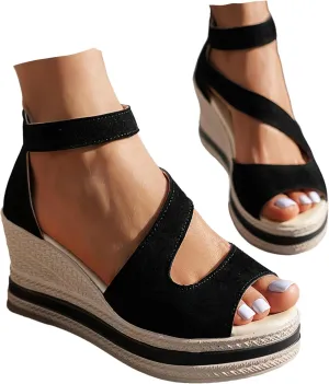 Women's Platform Sandals Wedge Ankle Strap Open Toe Sandals, Espadrille Dressy Wedge Sandals, Women's Platform Sandals Casual Summer, Comfortable High Heeled Wedges, 9