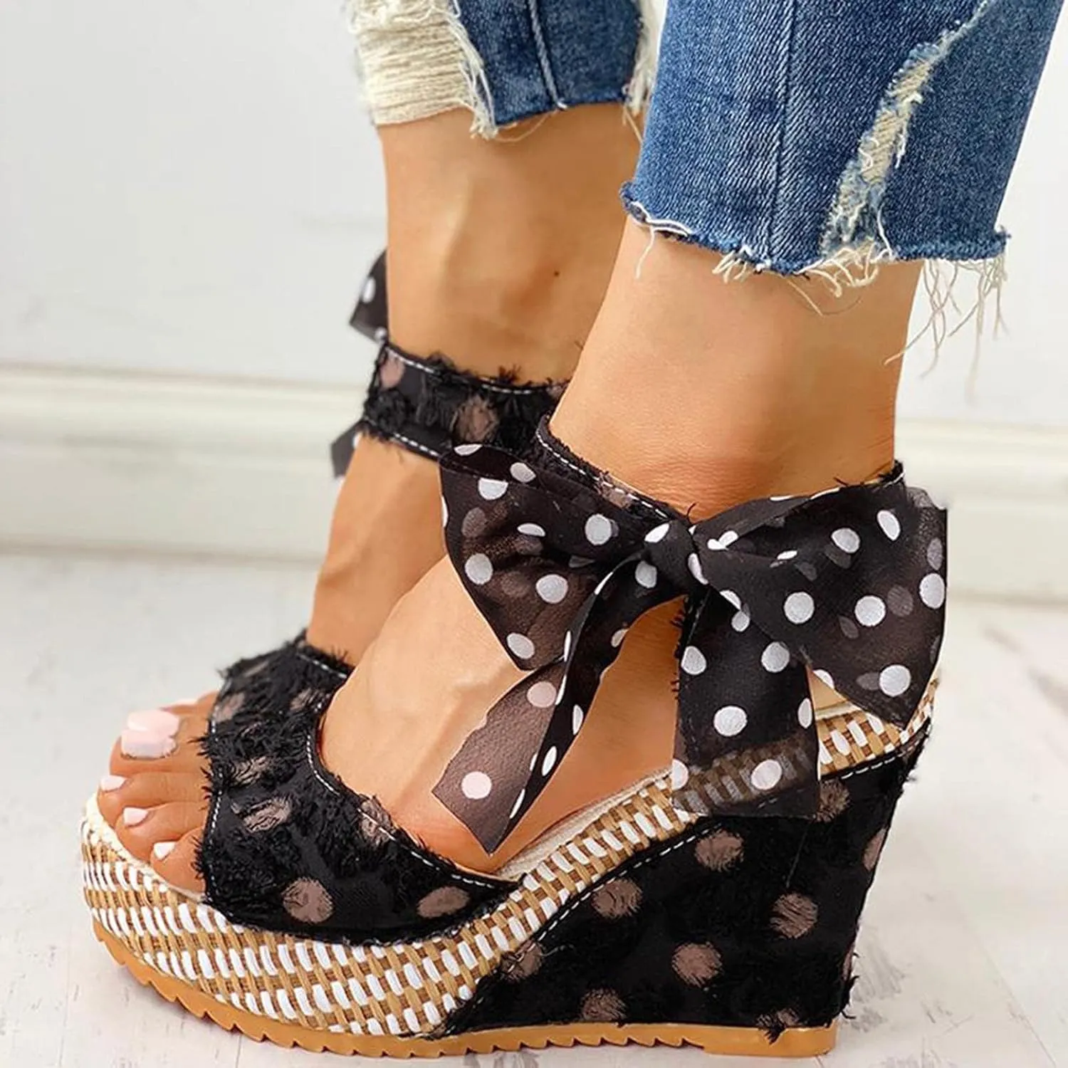Women's Platform Sandals Wedge Open Toe Ankle Strap Lace Wedding Bridesmaid Shoes Low Heel Close Toe Dressy Wide Width