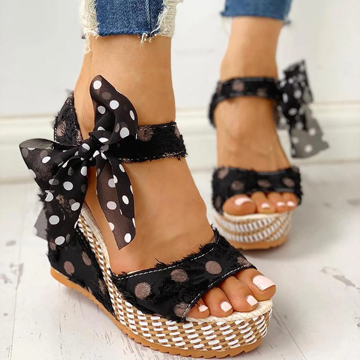 Women's Platform Sandals Wedge Open Toe Ankle Strap Lace Wedding Bridesmaid Shoes Low Heel Close Toe Dressy Wide Width