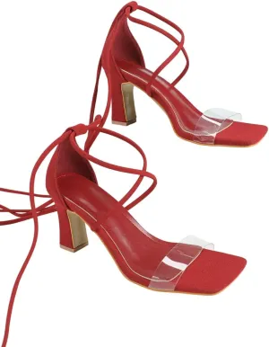 Women's Red Suede High-Heel Sandals | Square-Toe PVC Strap Pumps with Adjustable Lace-Up Design | Thick Heel Party Date Shoes | 2025 Trendy Casual Dress Heels
