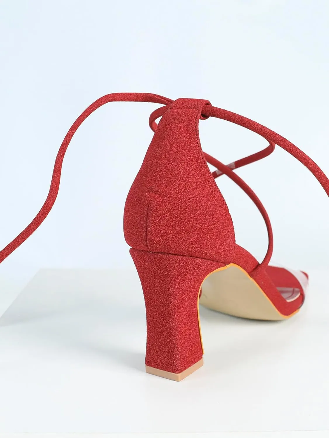 Women's Red Suede High-Heel Sandals | Square-Toe PVC Strap Pumps with Adjustable Lace-Up Design | Thick Heel Party Date Shoes | 2025 Trendy Casual Dress Heels