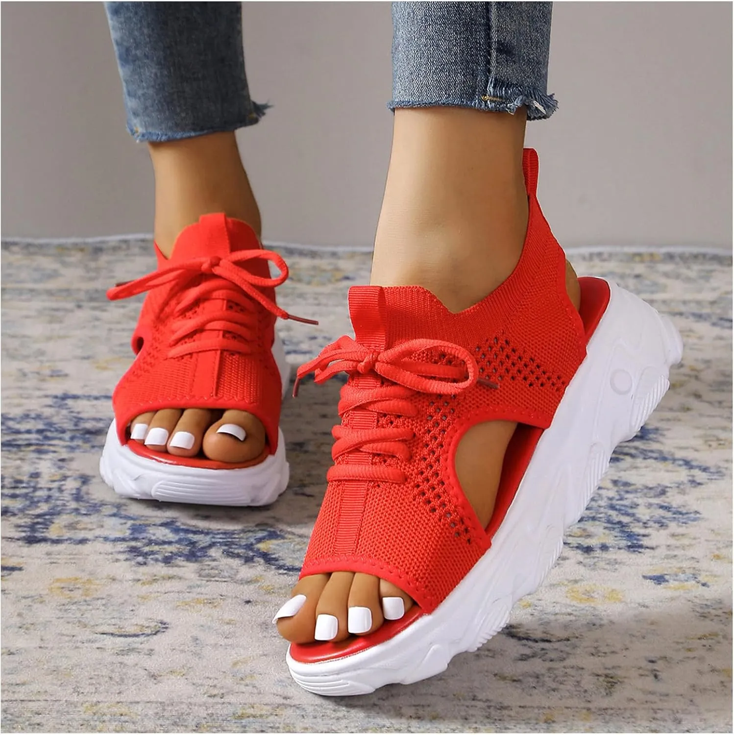 Womens Sandals Comfortable Platform Sandals 2024 Summer Mesh Open Toe Platform Wedge Sandals Causal Walking Sandals Women's Lace Up Muffin Sandals