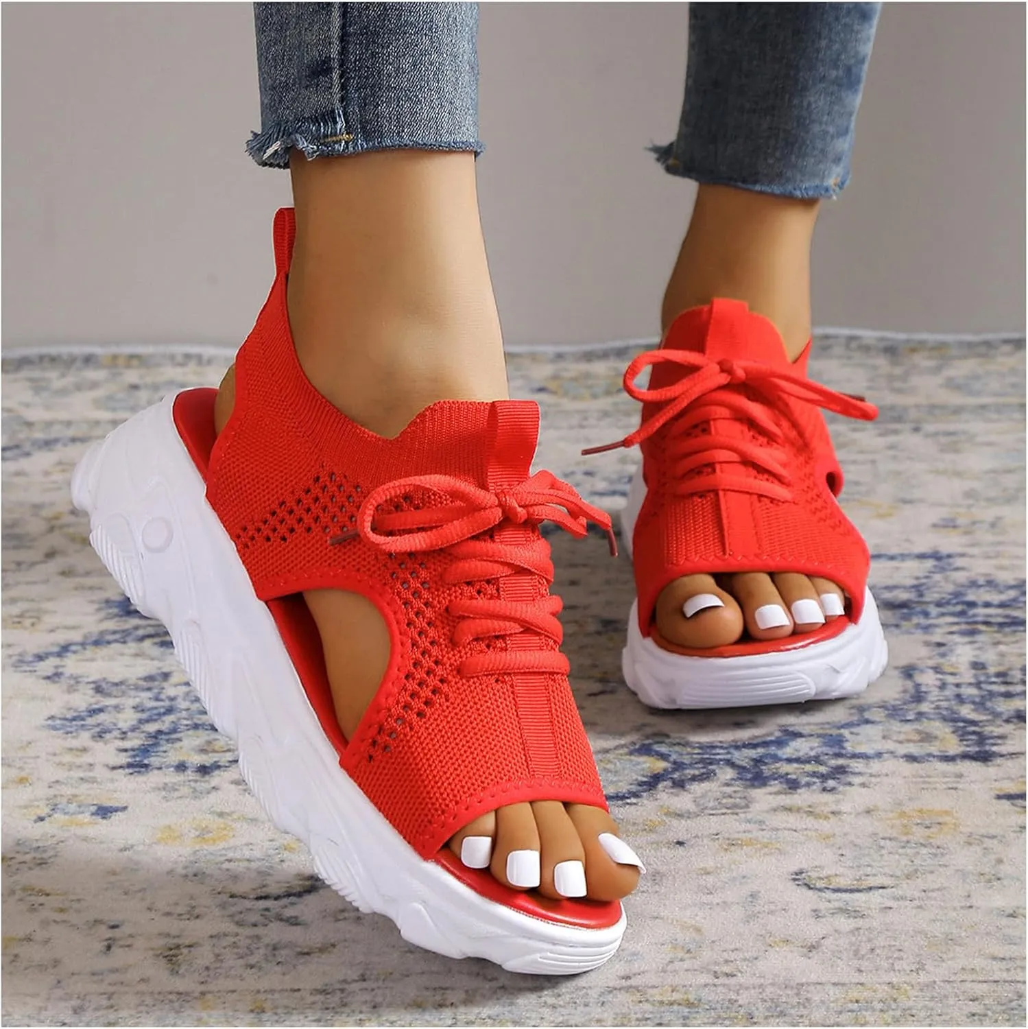 Womens Sandals Comfortable Platform Sandals 2024 Summer Mesh Open Toe Platform Wedge Sandals Causal Walking Sandals Women's Lace Up Muffin Sandals