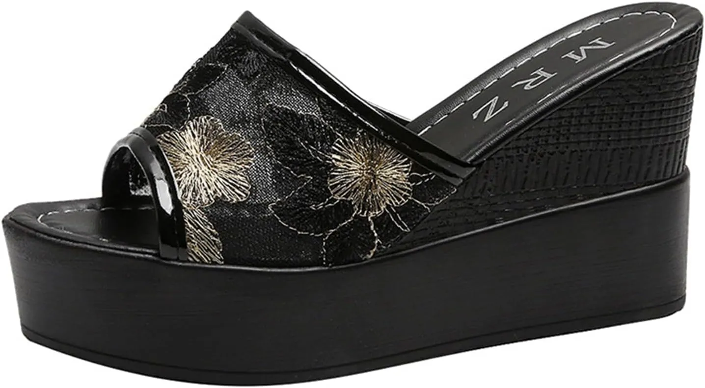 Women's Sexy Lace wedge Fish Mouth Sandals Fashion Comfort Flowers Mesh Slip-On Platform High Casual Summer Slides