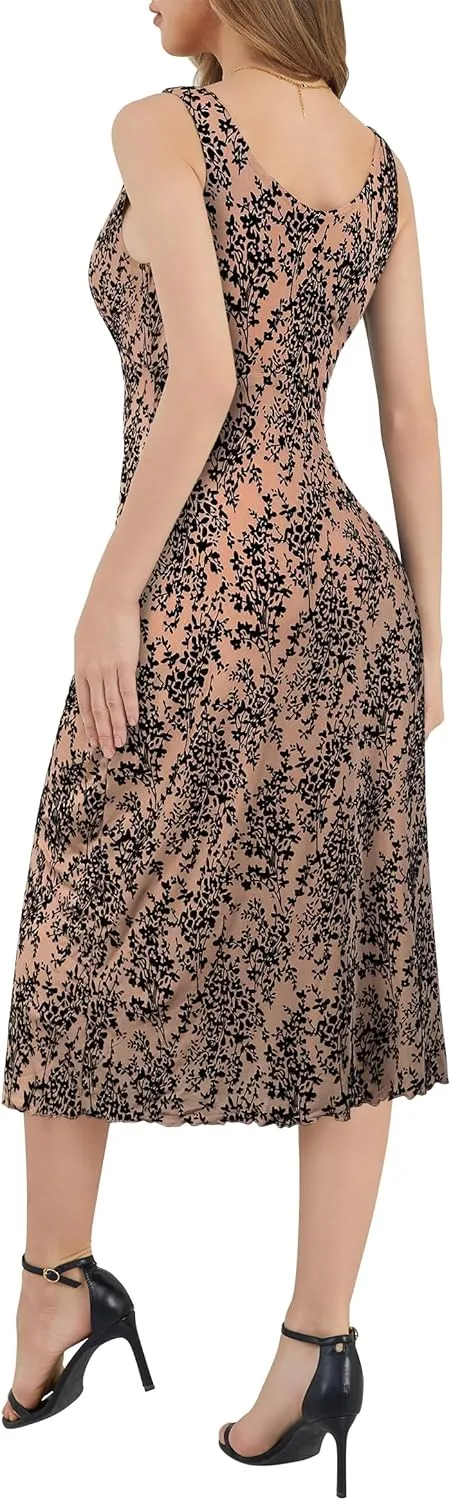 Women's Sexy V Neck Sleeveless Mesh Maxi Dresses Summer Casual Elegant Long Floral Dress Wedding Guest Cocktail Party