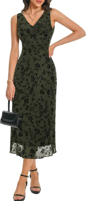 Women's Sexy V Neck Sleeveless Mesh Maxi Dresses Summer Casual Elegant Long Floral Dress Wedding Guest Cocktail Party