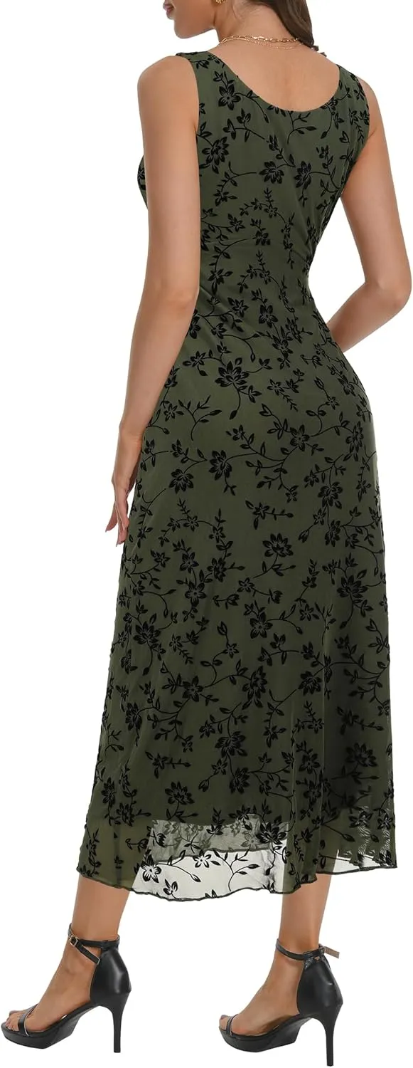Women's Sexy V Neck Sleeveless Mesh Maxi Dresses Summer Casual Elegant Long Floral Dress Wedding Guest Cocktail Party