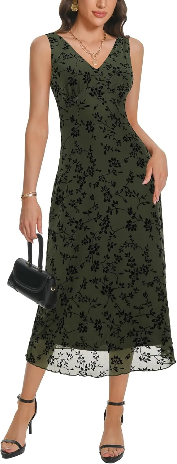 Women's Sexy V Neck Sleeveless Mesh Maxi Dresses Summer Casual Elegant Long Floral Dress Wedding Guest Cocktail Party