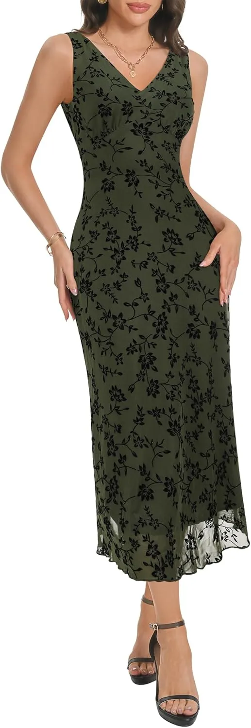 Women's Sexy V Neck Sleeveless Mesh Maxi Dresses Summer Casual Elegant Long Floral Dress Wedding Guest Cocktail Party