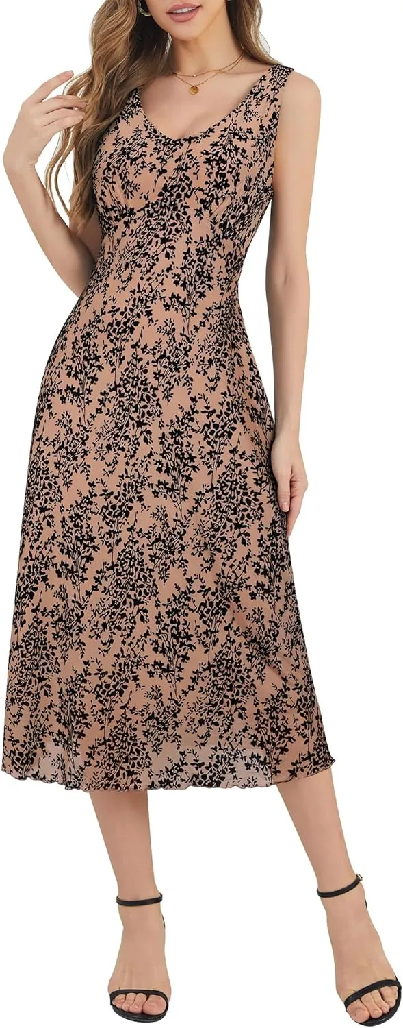 Women's Sexy V Neck Sleeveless Mesh Maxi Dresses Summer Casual Elegant Long Floral Dress Wedding Guest Cocktail Party