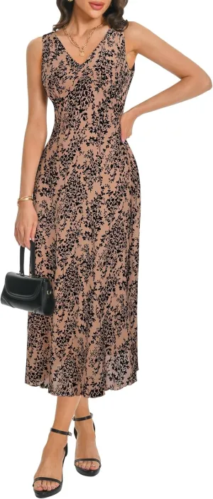 Women's Sexy V Neck Sleeveless Mesh Maxi Dresses Summer Casual Elegant Long Floral Dress Wedding Guest Cocktail Party