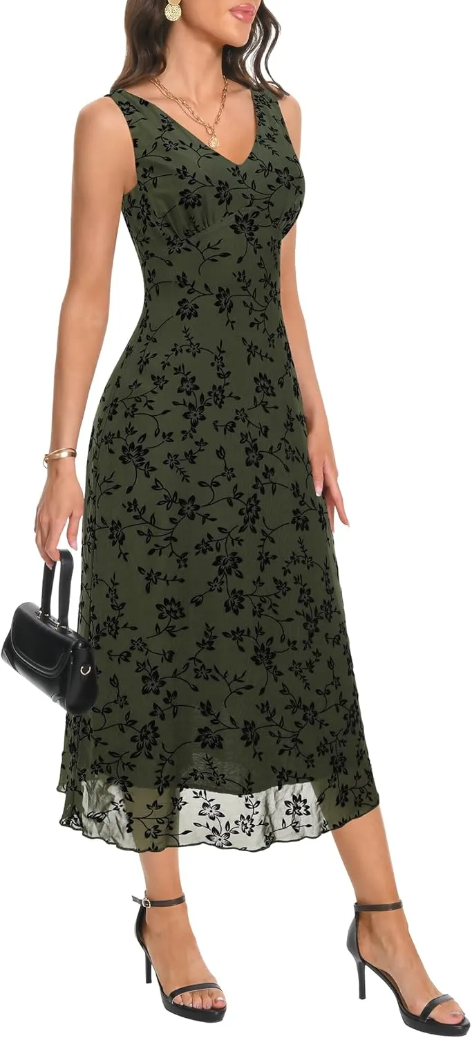 Women's Sexy V Neck Sleeveless Mesh Maxi Dresses Summer Casual Elegant Long Floral Dress Wedding Guest Cocktail Party
