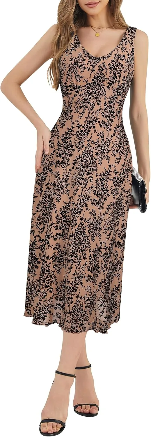 Women's Sexy V Neck Sleeveless Mesh Maxi Dresses Summer Casual Elegant Long Floral Dress Wedding Guest Cocktail Party
