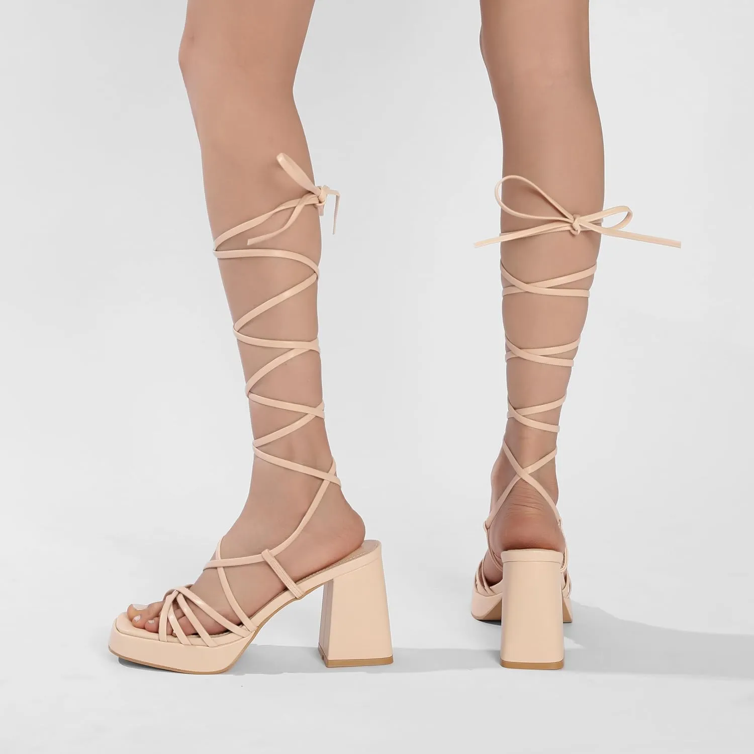 Womens Strappy Heels Lace Up Chunky Heel Sandals, High Heel Cute Platform Sandals Block Heel Wrap Sandals for Women Dressy Sexy with Adjustable Laces Square Toe