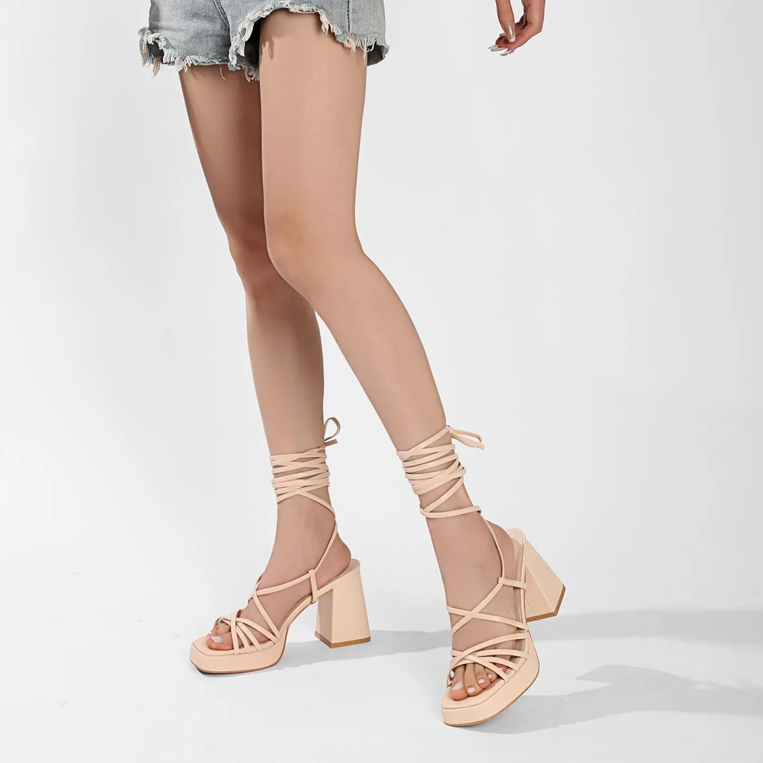 Womens Strappy Heels Lace Up Chunky Heel Sandals, High Heel Cute Platform Sandals Block Heel Wrap Sandals for Women Dressy Sexy with Adjustable Laces Square Toe