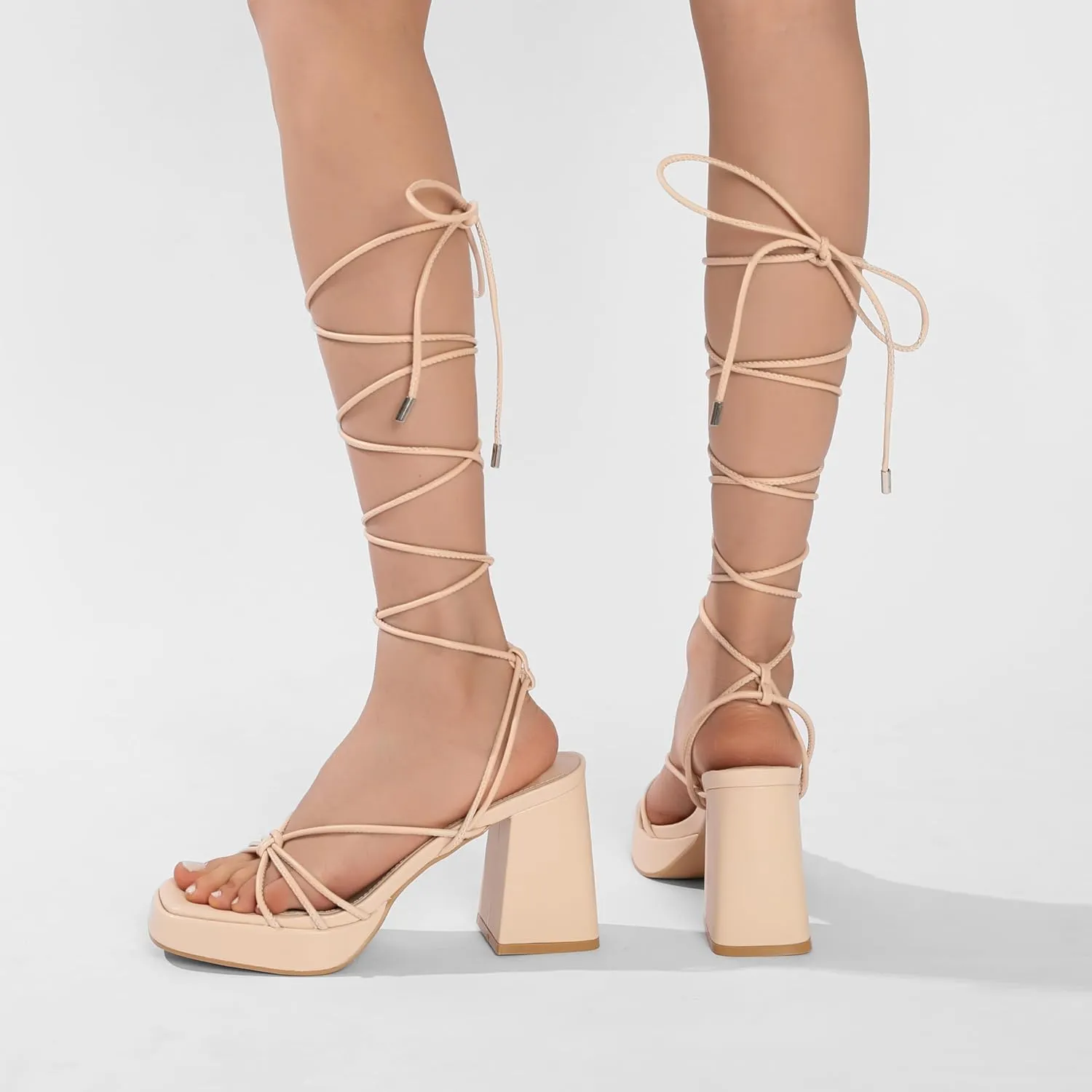 Womens Strappy Heels Lace Up Chunky Heel Sandals, High Heel Cute Platform Sandals Block Heel Wrap Sandals for Women Dressy Sexy with Adjustable Laces Square Toe