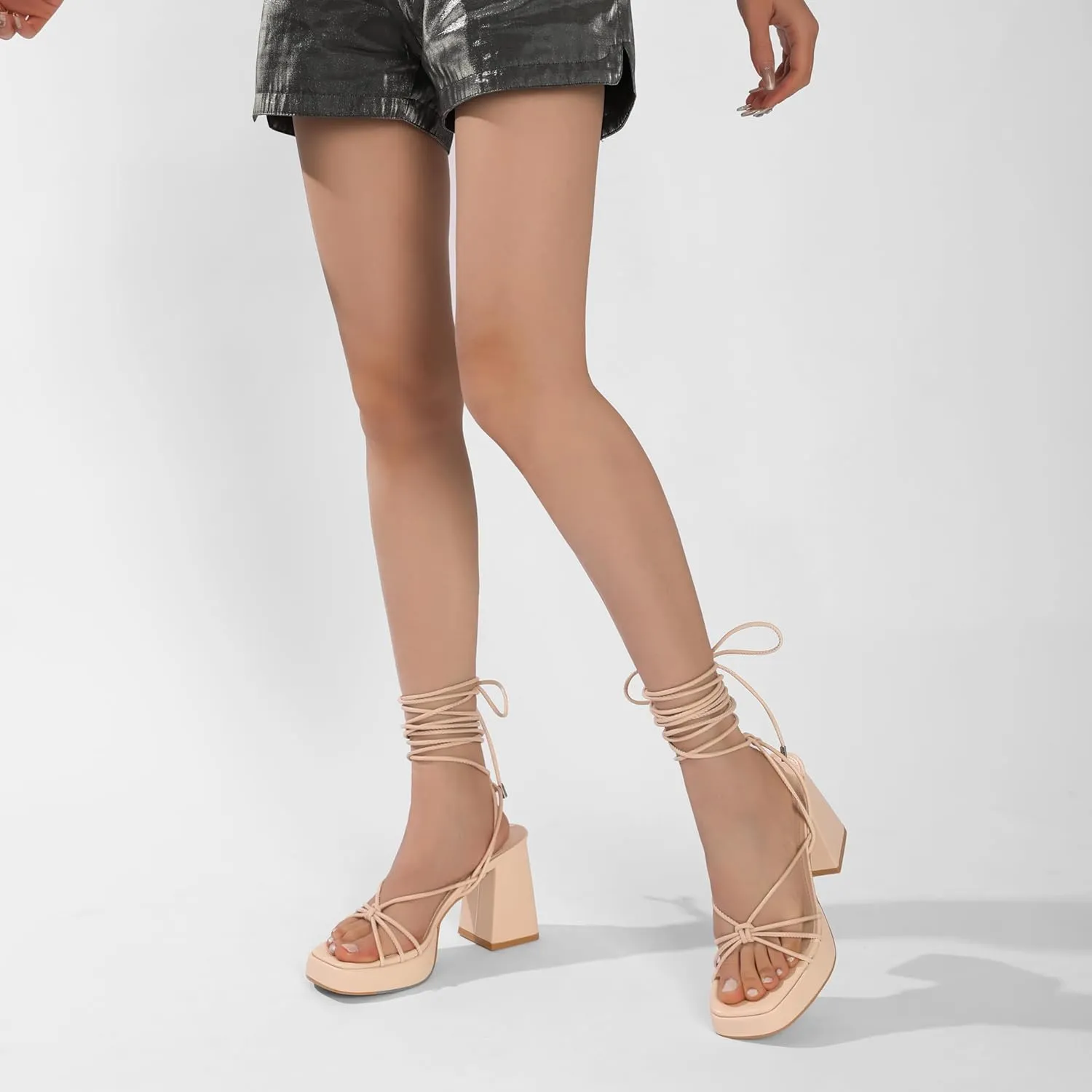 Womens Strappy Heels Lace Up Chunky Heel Sandals, High Heel Cute Platform Sandals Block Heel Wrap Sandals for Women Dressy Sexy with Adjustable Laces Square Toe