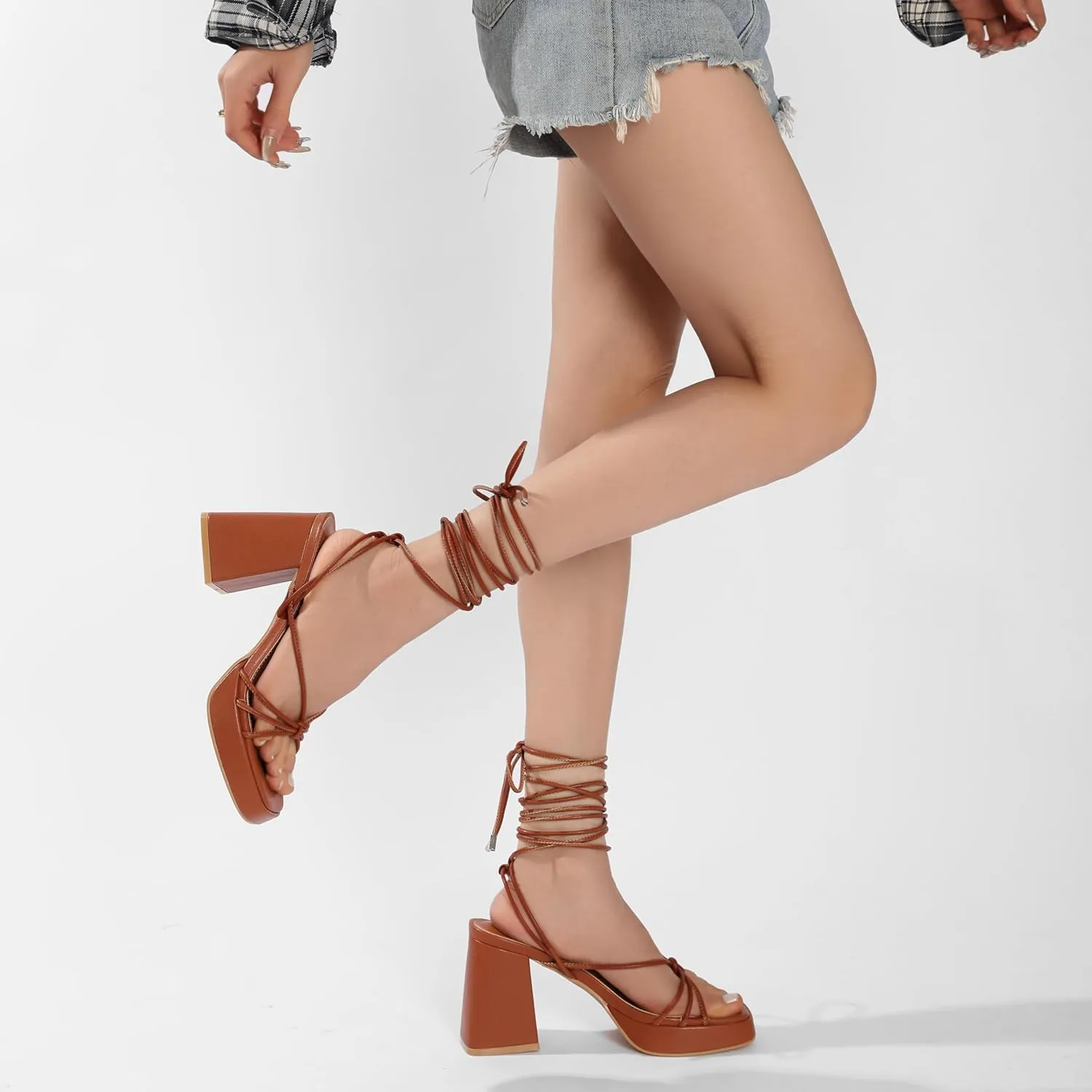 Womens Strappy Heels Lace Up Chunky Heel Sandals, High Heel Cute Platform Sandals Block Heel Wrap Sandals for Women Dressy Sexy with Adjustable Laces Square Toe