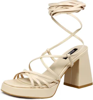 Womens Strappy Heels Lace Up Chunky Heel Sandals, High Heel Cute Platform Sandals Block Heel Wrap Sandals for Women Dressy Sexy with Adjustable Laces Square Toe