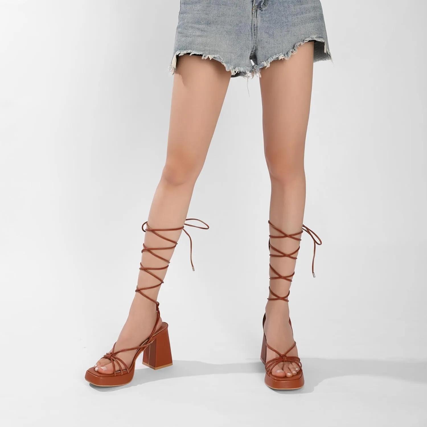 Womens Strappy Heels Lace Up Chunky Heel Sandals, High Heel Cute Platform Sandals Block Heel Wrap Sandals for Women Dressy Sexy with Adjustable Laces Square Toe