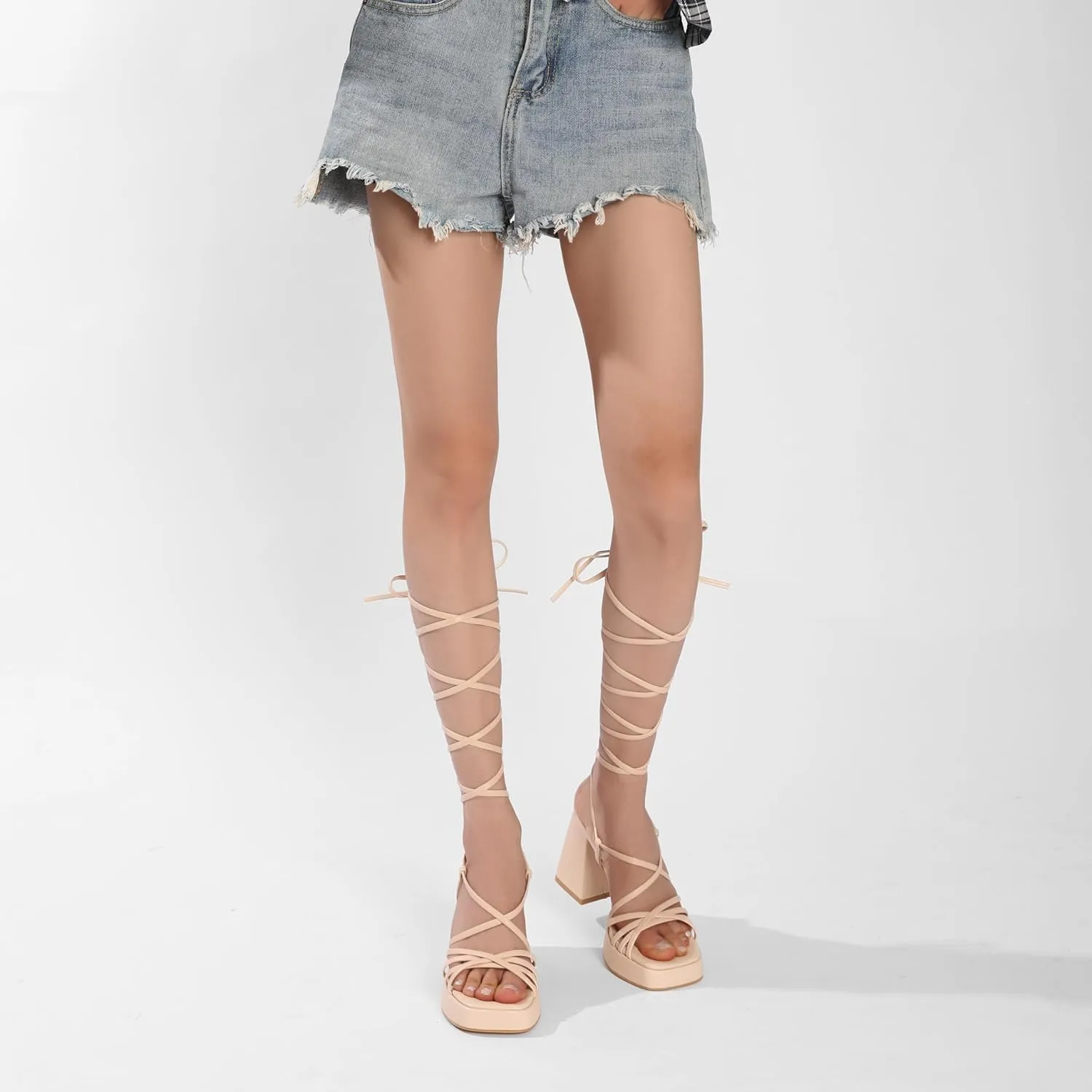 Womens Strappy Heels Lace Up Chunky Heel Sandals, High Heel Cute Platform Sandals Block Heel Wrap Sandals for Women Dressy Sexy with Adjustable Laces Square Toe