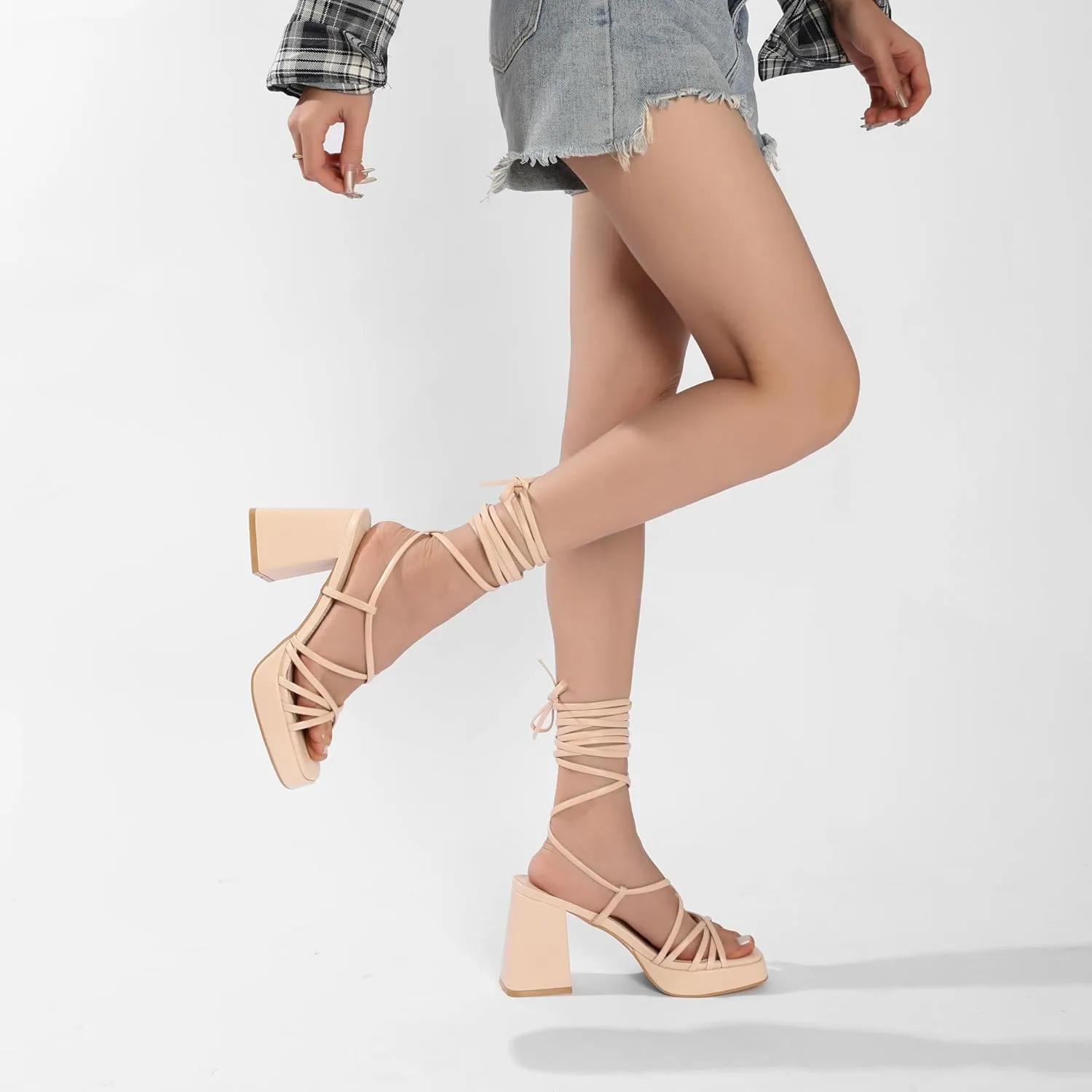 Womens Strappy Heels Lace Up Chunky Heel Sandals, High Heel Cute Platform Sandals Block Heel Wrap Sandals for Women Dressy Sexy with Adjustable Laces Square Toe