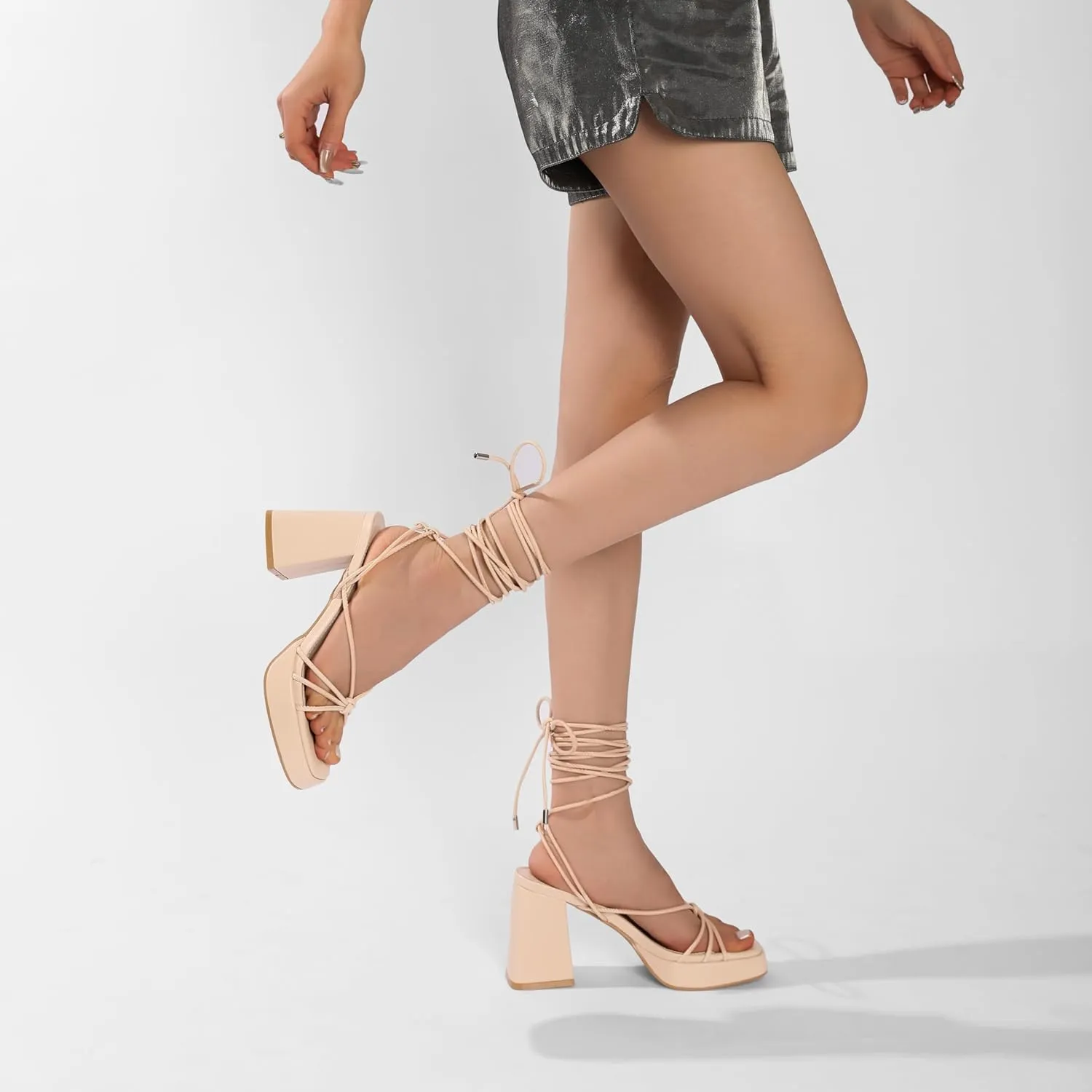 Womens Strappy Heels Lace Up Chunky Heel Sandals, High Heel Cute Platform Sandals Block Heel Wrap Sandals for Women Dressy Sexy with Adjustable Laces Square Toe