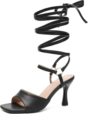Women's Strappy Lace Up Heels Low Kitten Open Square Toe Ankle Strap Heels Sexy Fashion Comfort Dress Shoes Party Pumps Heeled Sandals