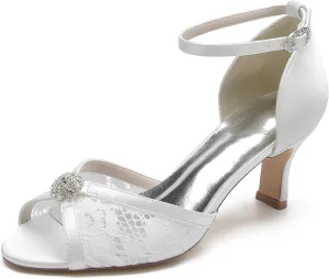Women's Wedding Shoes Peep Toe Heel Lace Satin Bridal Pumps with Rhinestone Evening Party Dress Sandles
