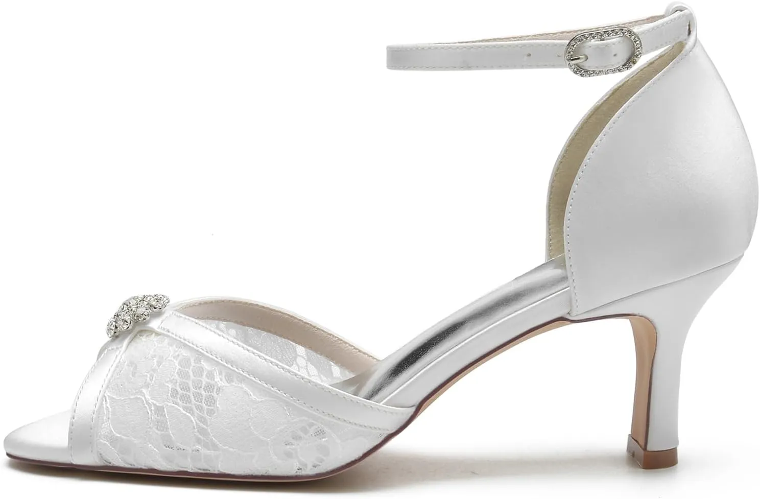 Women's Wedding Shoes Peep Toe Heel Lace Satin Bridal Pumps with Rhinestone Evening Party Dress Sandles