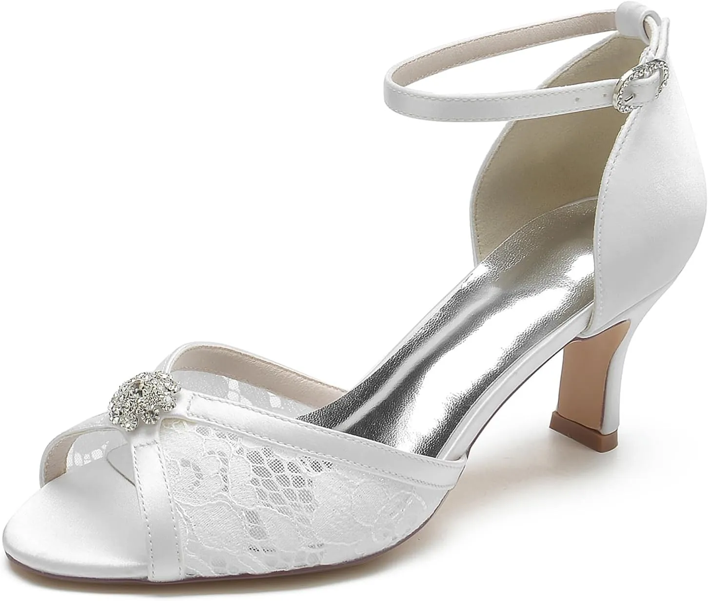 Women's Wedding Shoes Peep Toe Heel Lace Satin Bridal Pumps with Rhinestone Evening Party Dress Sandles