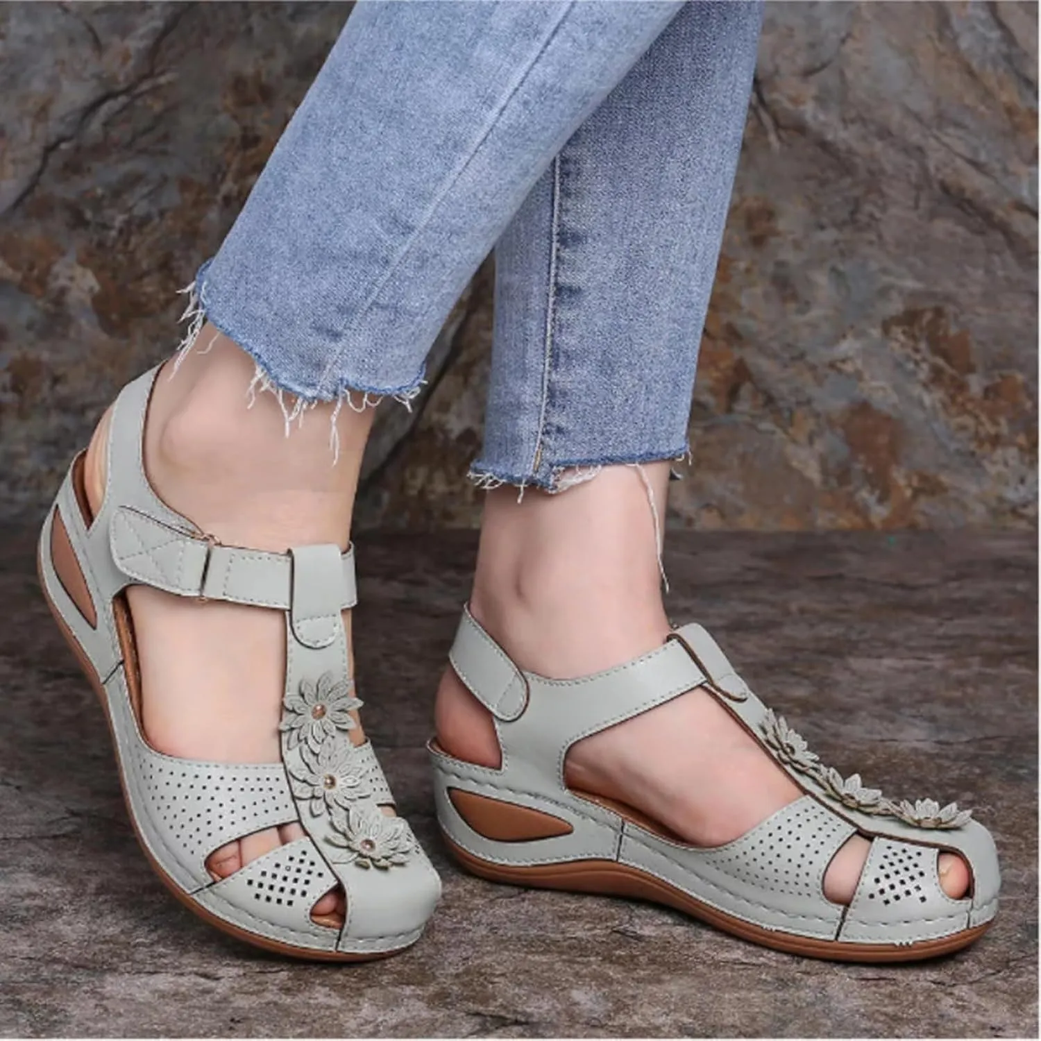 Womens Wedge Sandals Summer Closed Toe for Women Dressy Wedges Casual Hollow Out Orthopedic Shoes Comfy Bohemia Gladiator Ankle Strap Slip On Platform Sandals Comfort Orthotic Breathable Sandal