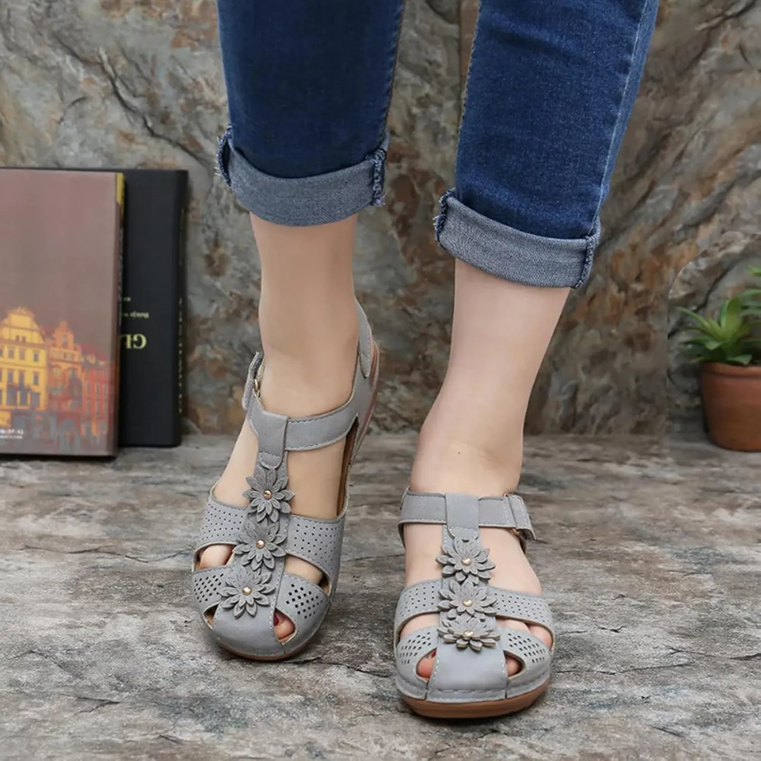 Womens Wedge Sandals Summer Closed Toe for Women Dressy Wedges Casual Hollow Out Orthopedic Shoes Comfy Bohemia Gladiator Ankle Strap Slip On Platform Sandals Comfort Orthotic Breathable Sandal