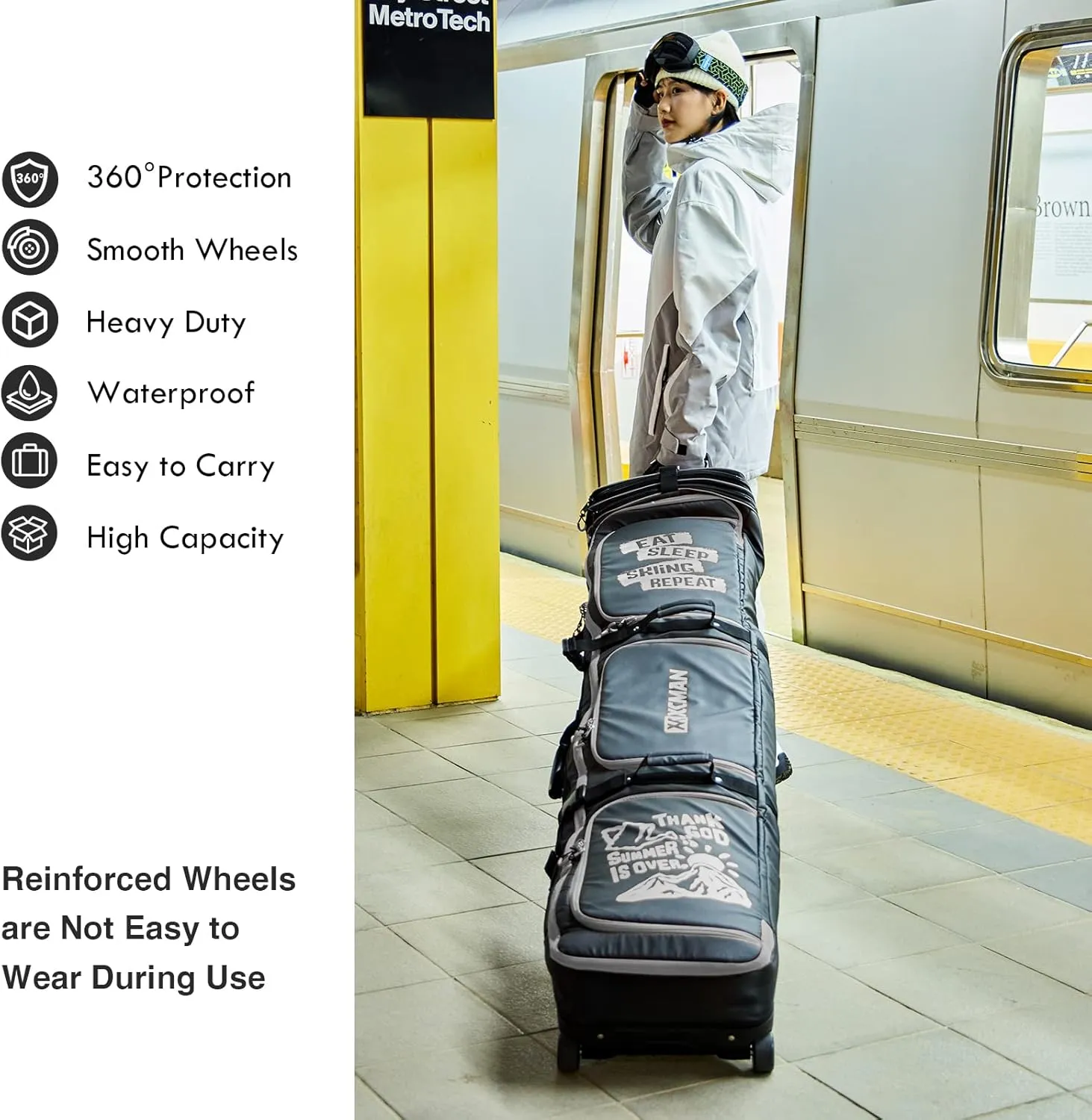 XCMAN Roller Snowboard Bag With Wheels 63-75Inch Adjustable Length Padded Bag for Air Travel Snowboard Boots