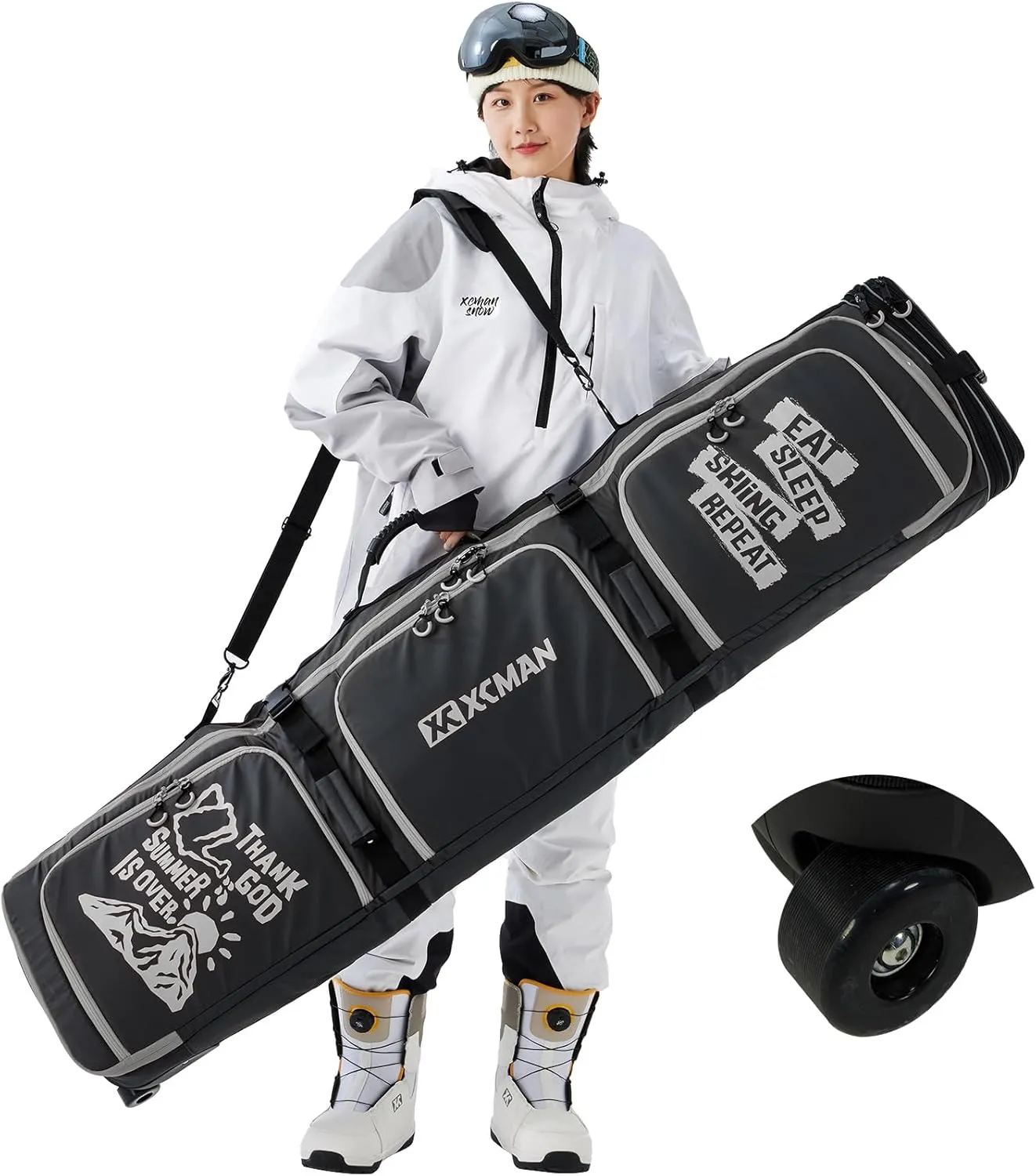 XCMAN Roller Snowboard Bag With Wheels 63-75Inch Adjustable Length Padded Bag for Air Travel Snowboard Boots