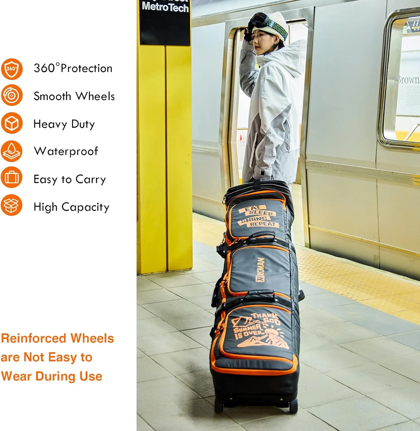 XCMAN Roller Snowboard Bag With Wheels 63-75Inch Adjustable Length Padded Bag for Air Travel Snowboard Boots