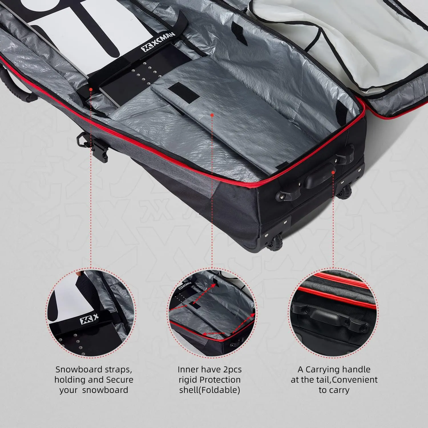 XCMAN Roller Snowboard Bag with Wheels,Adjustable Length,Extra Long/Wide/Deep,Waterproof - with Protection Ribs 140L