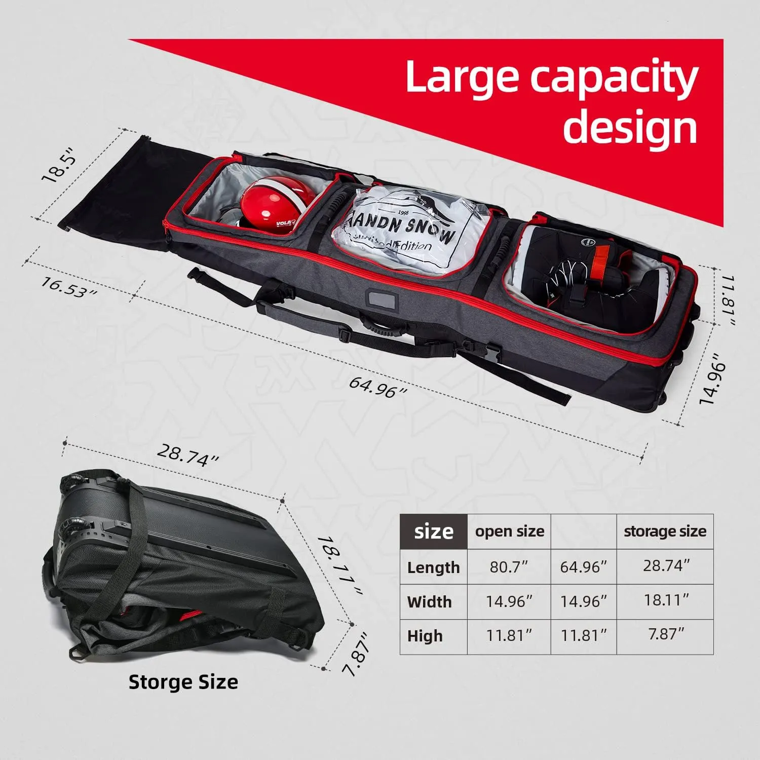 XCMAN Roller Snowboard Bag with Wheels,Adjustable Length,Extra Long/Wide/Deep,Waterproof - with Protection Ribs 140L