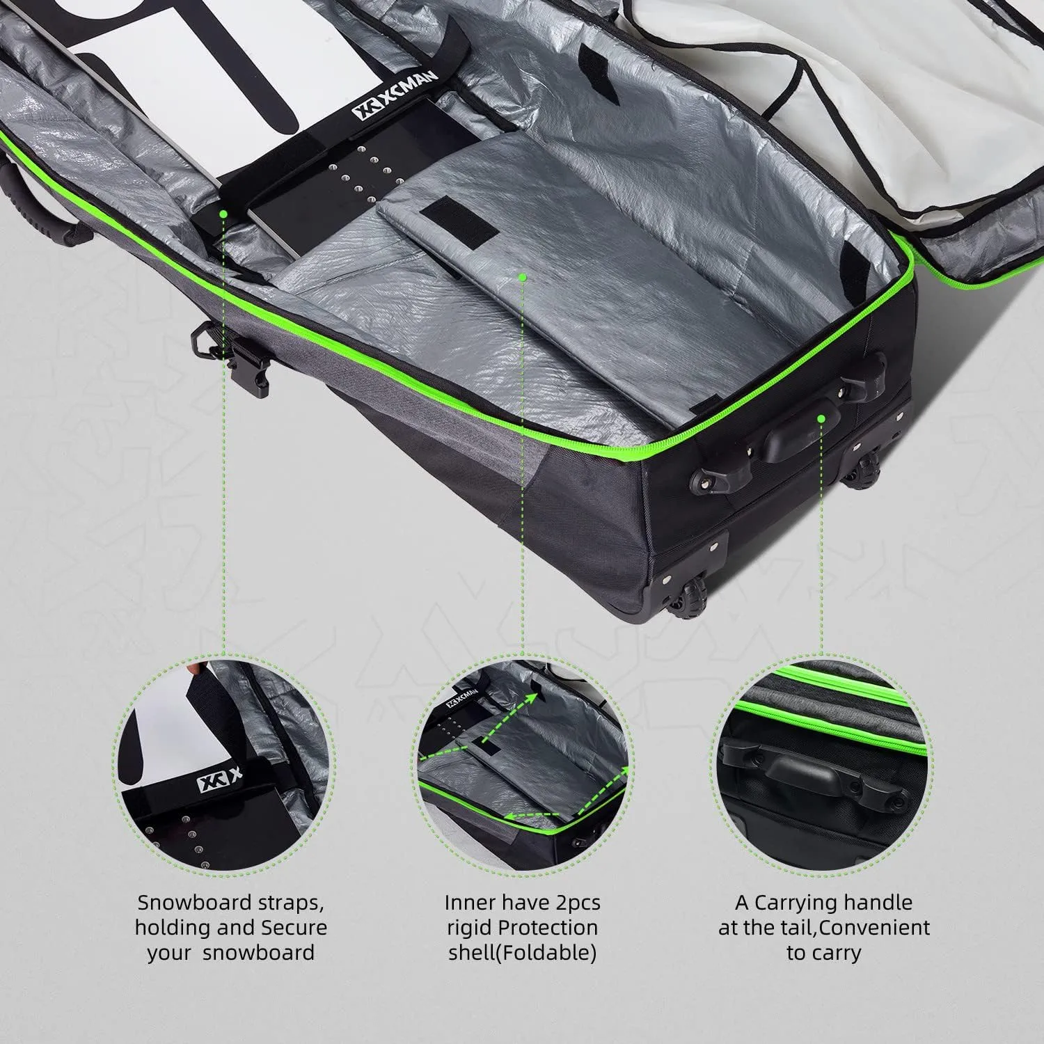 XCMAN Roller Snowboard Bag with Wheels,Adjustable Length,Extra Long/Wide/Deep,Waterproof - with Protection Ribs 140L