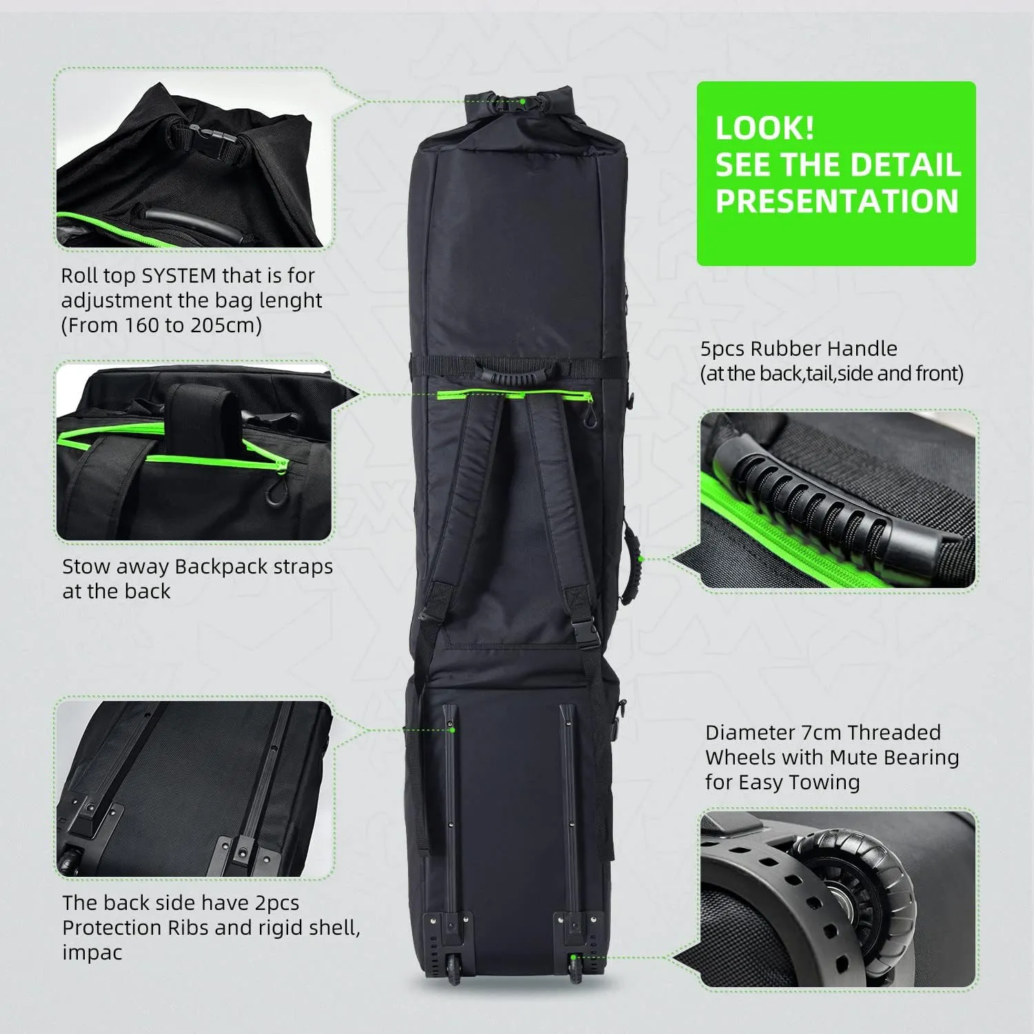 XCMAN Roller Snowboard Bag with Wheels,Adjustable Length,Extra Long/Wide/Deep,Waterproof - with Protection Ribs 140L