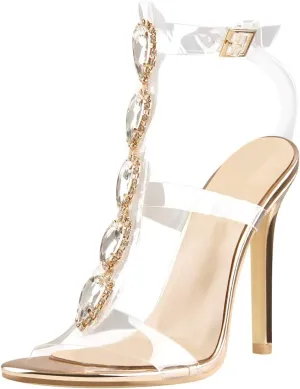 Yolkomo Women's Clear Strappy Gladiator Heels Rhinestones Stiletto Heels Ankle Strap Sandals
