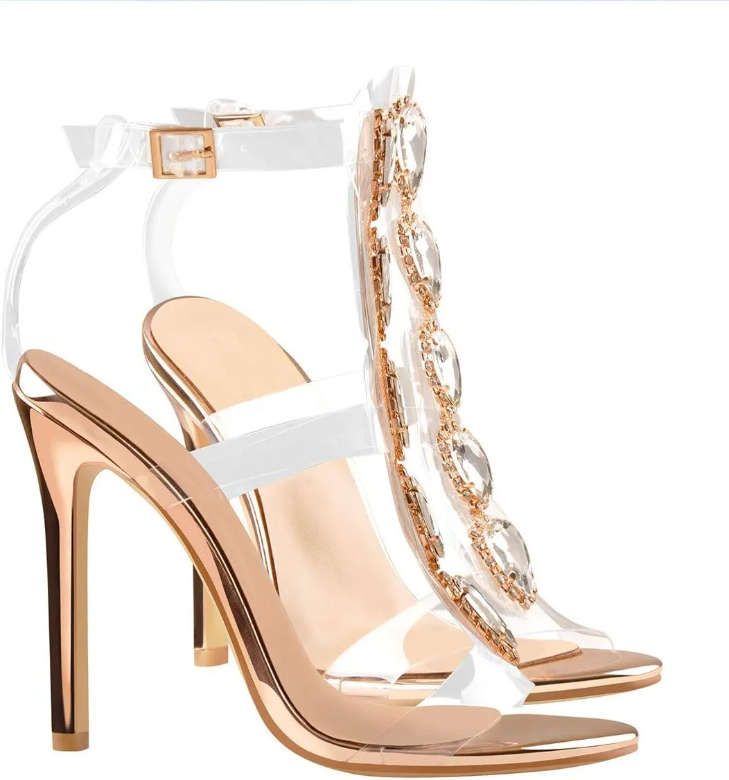 Yolkomo Women's Clear Strappy Gladiator Heels Rhinestones Stiletto Heels Ankle Strap Sandals