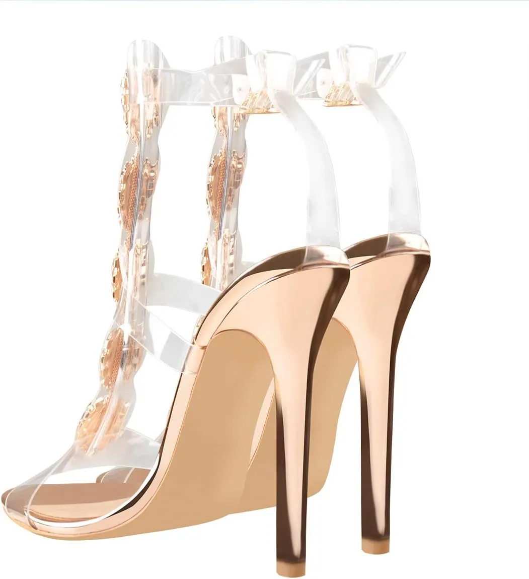 Yolkomo Women's Clear Strappy Gladiator Heels Rhinestones Stiletto Heels Ankle Strap Sandals