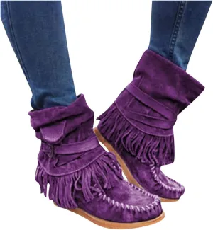 ZBYY Tassel Boots for Women Low Heel Suede Ankle Booties Winter Rome Vintage Fringe Buckle Knight Mid-Calf Flat Shoes